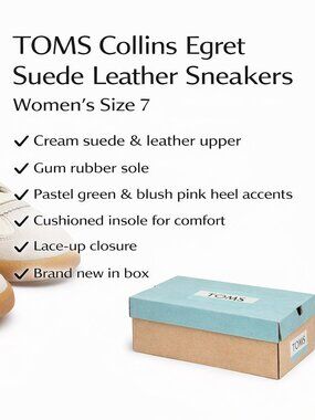 TOMS Collins Sneakers Womens 7 Egret Cream Suede Leather Gum Sole NWB 🤍